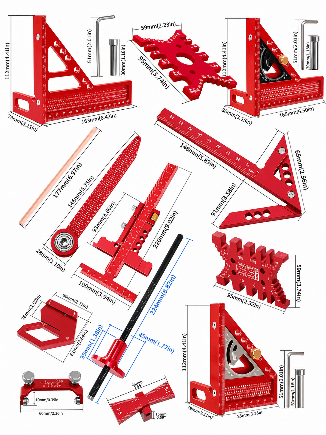 Aluminum Woodworking Square & Layout Tool Kit