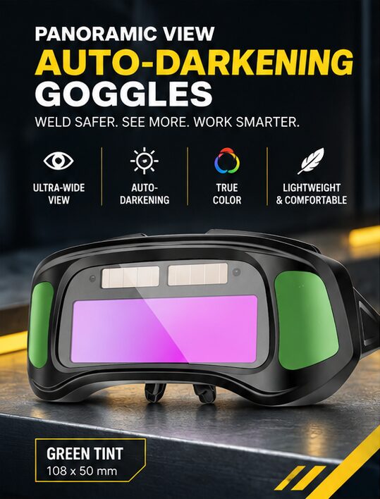 Compact Auto-Darkening Welding Goggles with Wide-View Lens