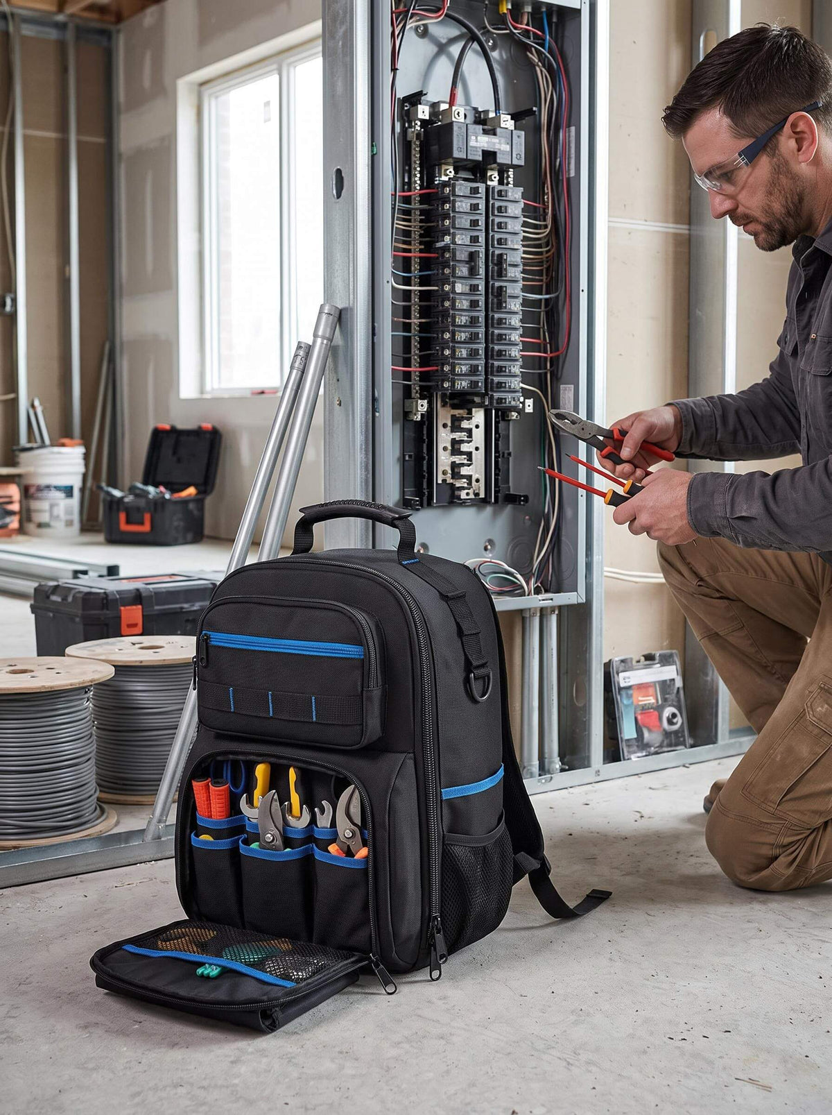 59-Pocket Electrician Tool Backpack with Removable Organizer