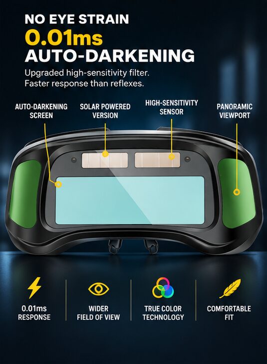 Compact Auto-Darkening Welding Goggles with Wide-View Lens