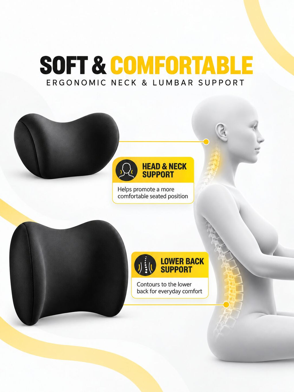 Memory Foam Headrest & Lumbar Support Kit for Drivers