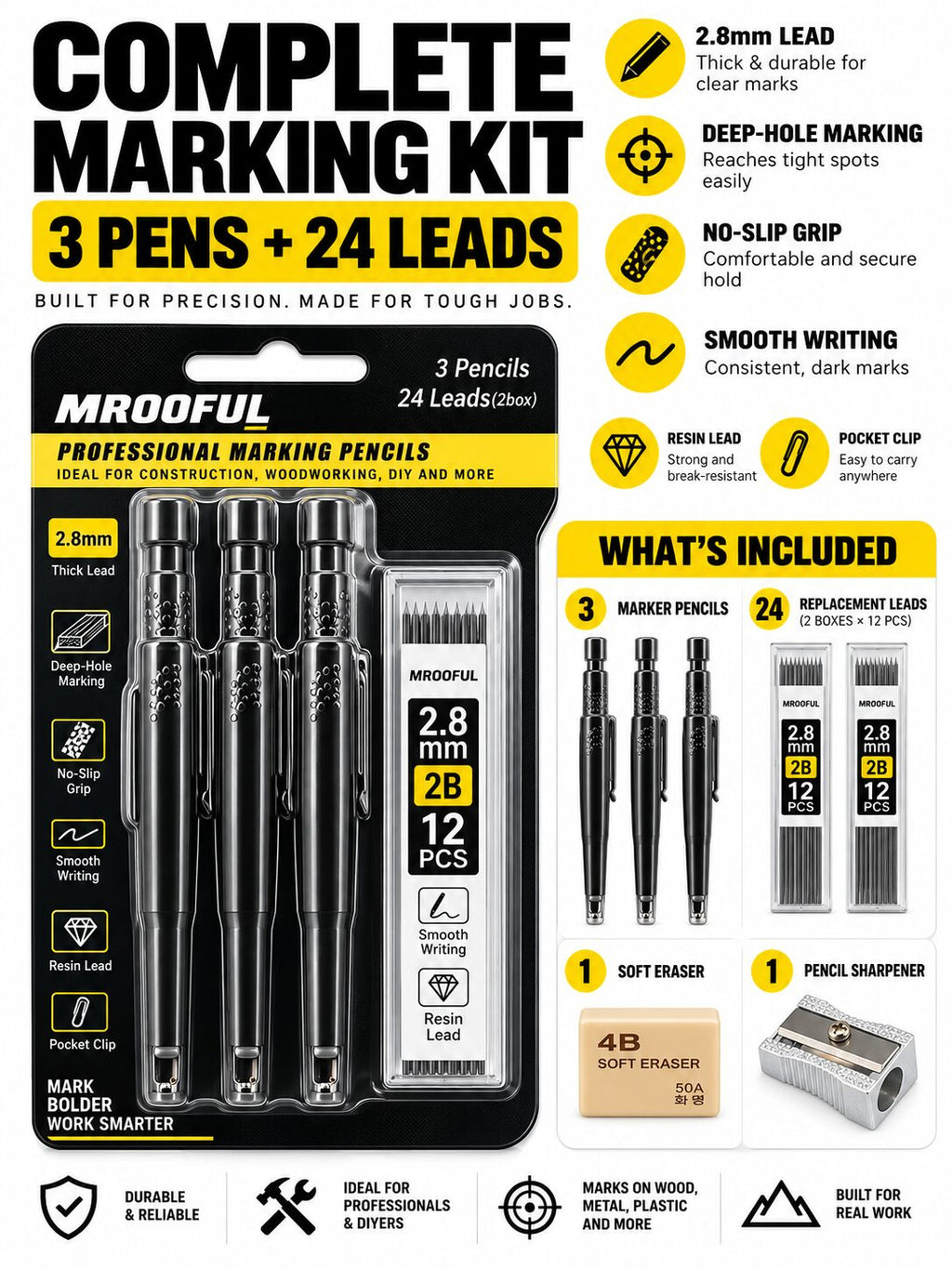 3-Pack 2.8mm Deep-Hole Carpenter Pencils with Refills