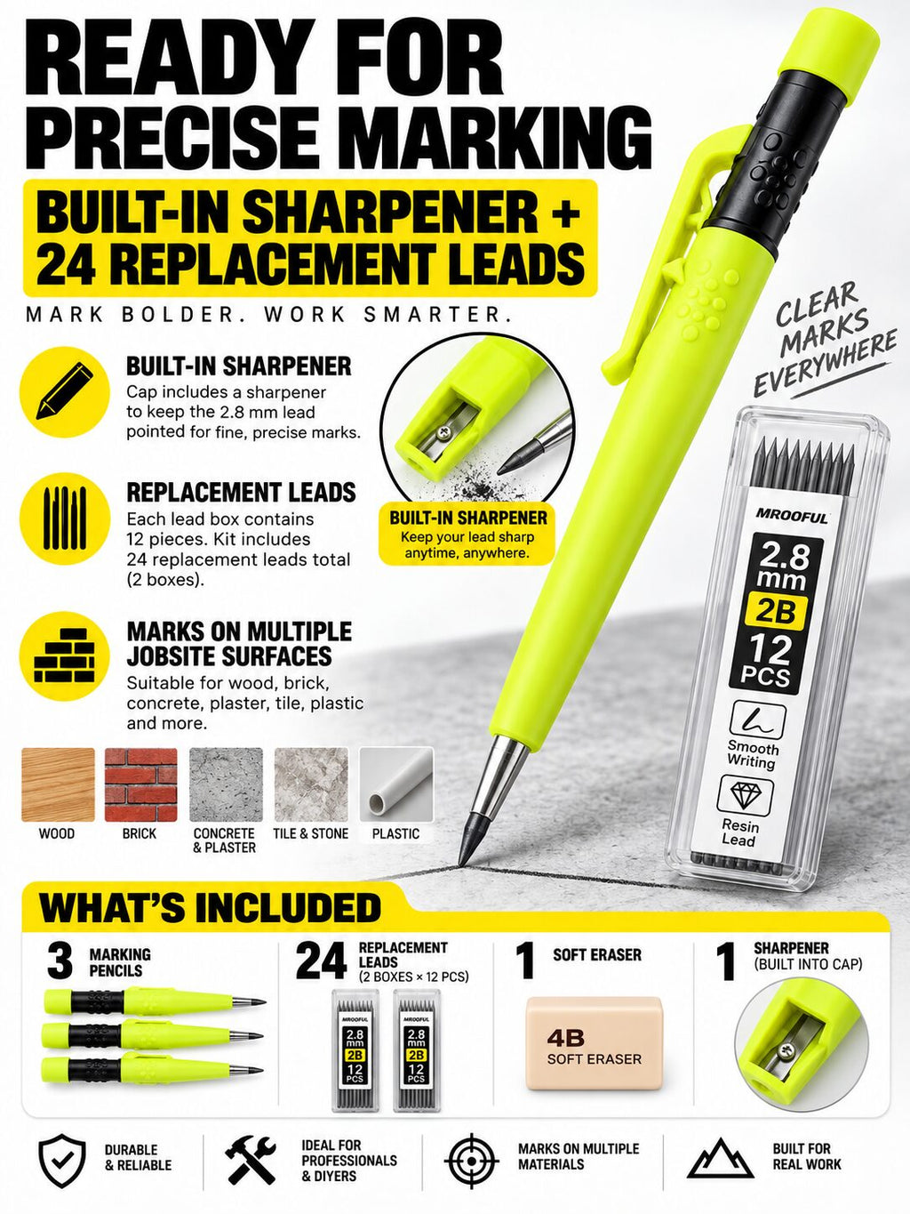 3-Pack 2.8mm Deep-Hole Carpenter Pencils with Refills